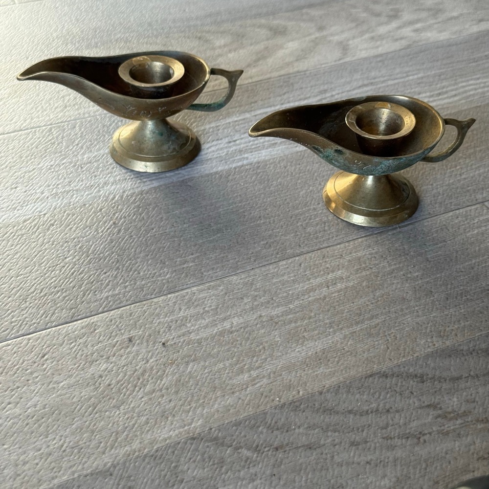 Vintage Etched Brass Candle Holders Genie Lamp Style Pair